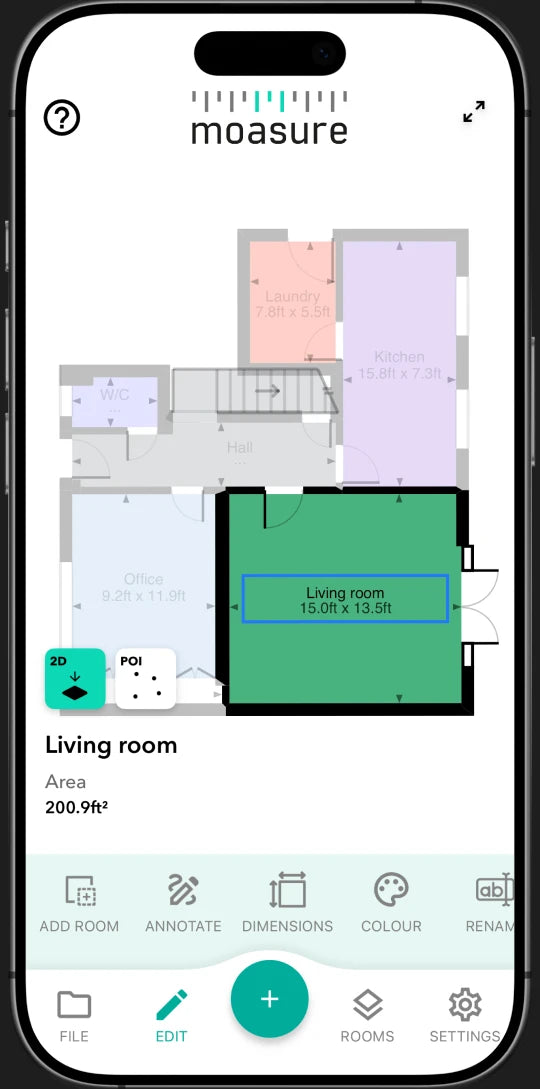 Moasure app: labelling and colour-coding rooms on a floor plan